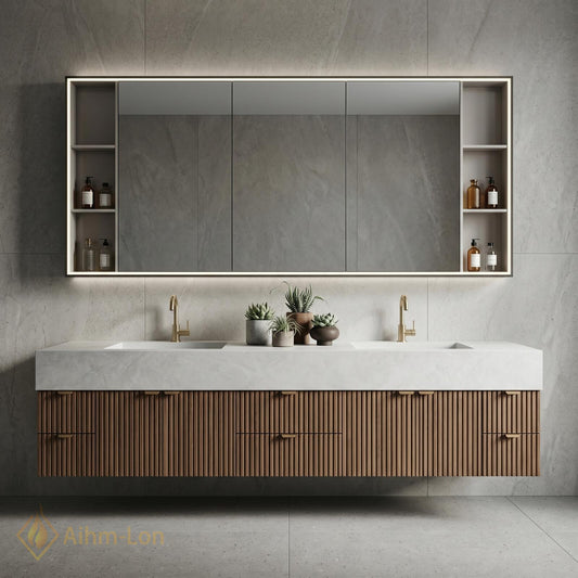 76''-96'' Modern Bathroom Vanity with Sink Floating Slatted Wood White Stone Mirror Cabinet
