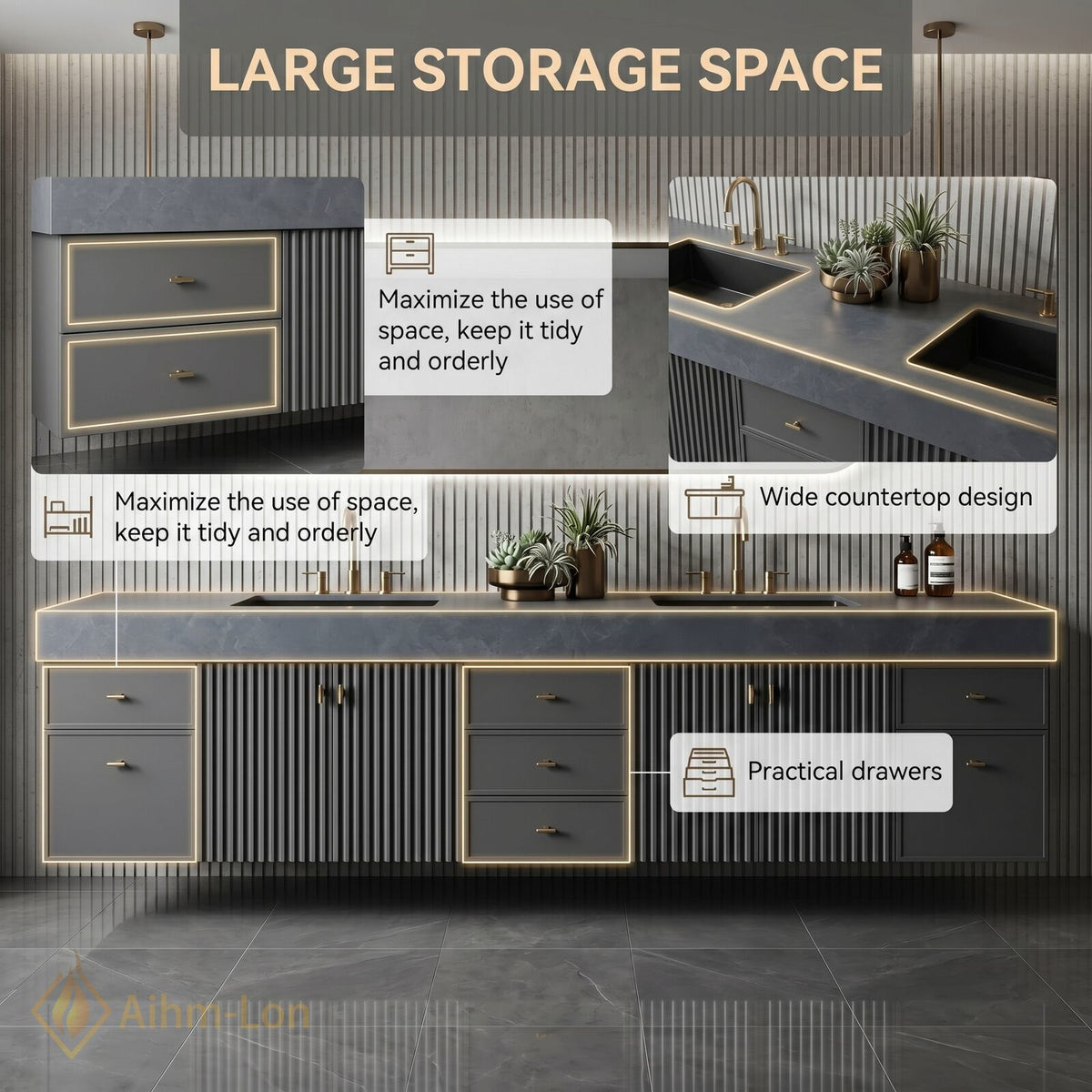 72''-96'' Double Bathroom Vanity with Sink Dark Slatted Finish Dual Drawers Shelving