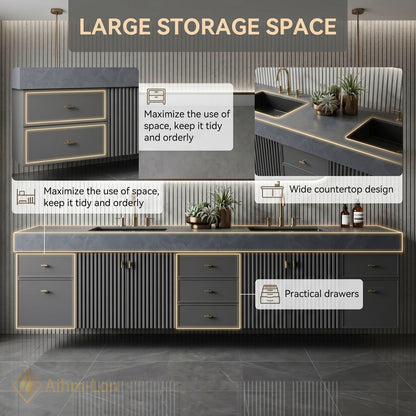 72''-96'' Double Bathroom Vanity with Sink Dark Slatted Finish Dual Drawers Shelving