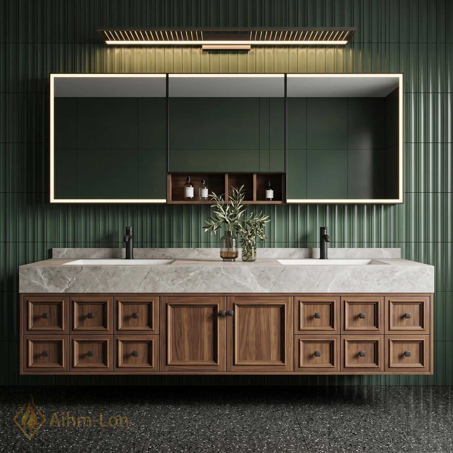 76''-96'' Modern Floating Bathroom Vanity with Sink Recessed Basins Solid Wood Panel