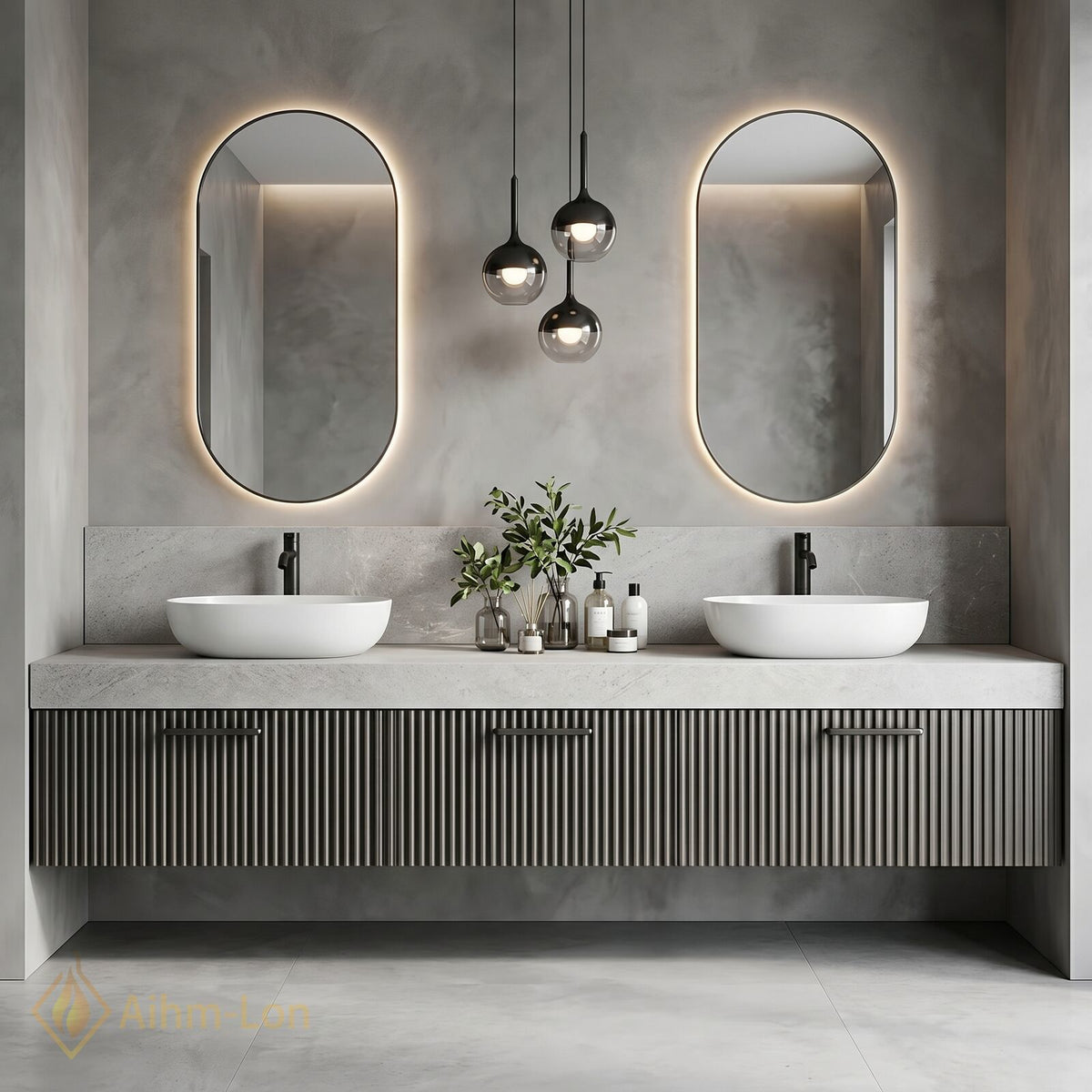 60''-96'' Double Bathroom Vanity with Sink Slatted Grey Panels Stone Top Floating