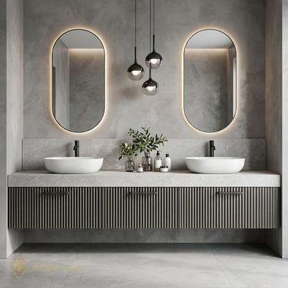60''-96'' Double Bathroom Vanity with Sink Slatted Grey Panels Stone Top Floating
