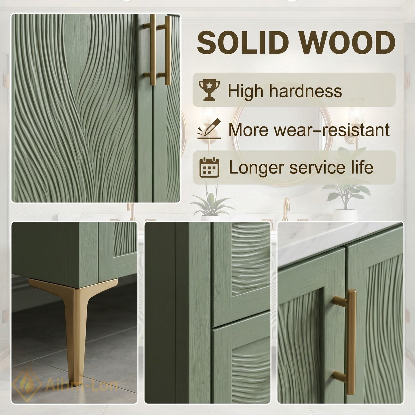 72''-96'' Modern Bathroom Vanity with Sink Sage Green Textured Marble Gold Drawers