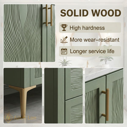 72''-96'' Modern Bathroom Vanity with Sink Sage Green Textured Marble Gold Drawers
