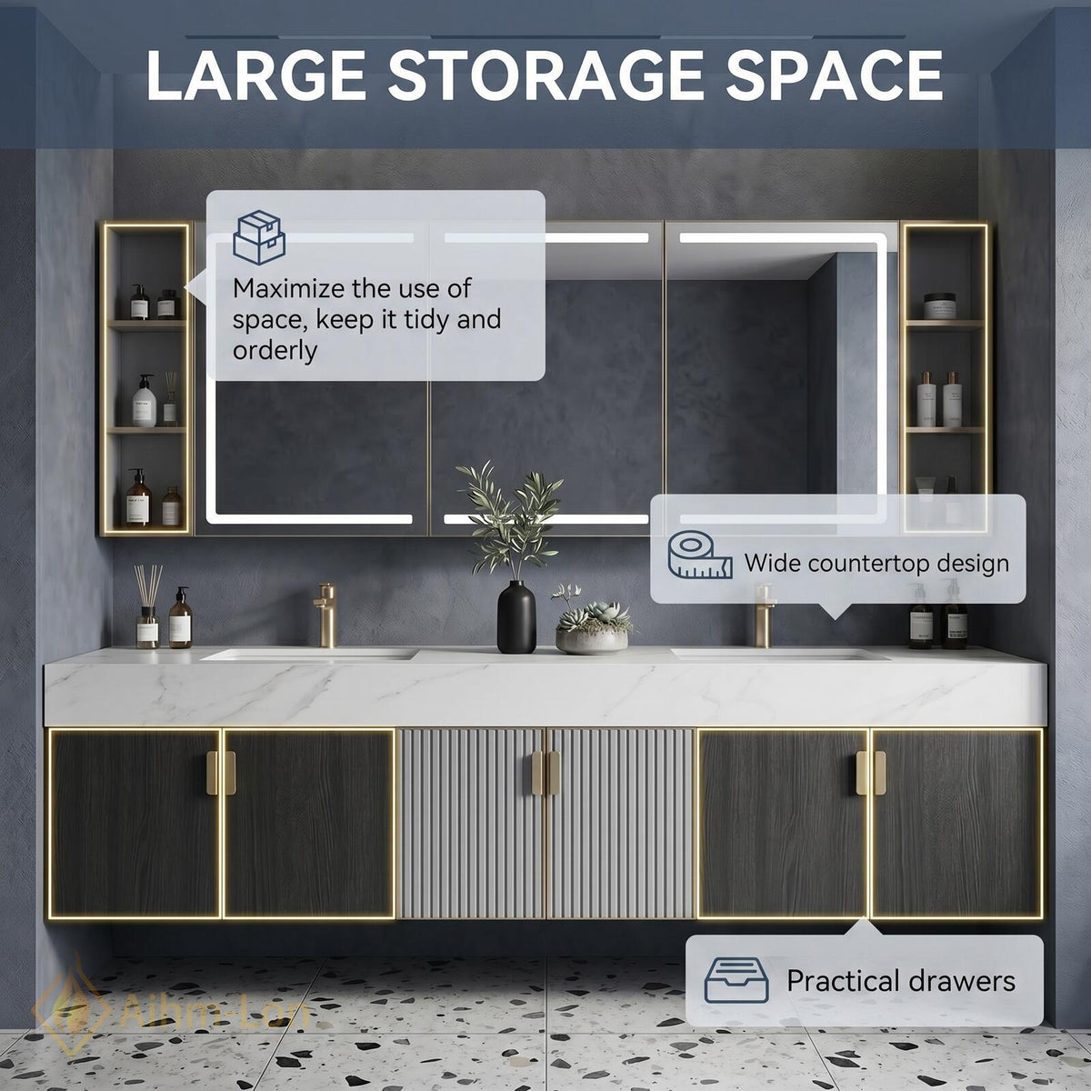 60''-96'' Double Bathroom Vanity with Sink Floating Marble-Effect Top Fluted Center Panels