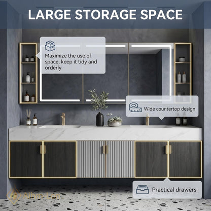 60''-96'' Double Bathroom Vanity with Sink Floating Marble-Effect Top Fluted Center Panels