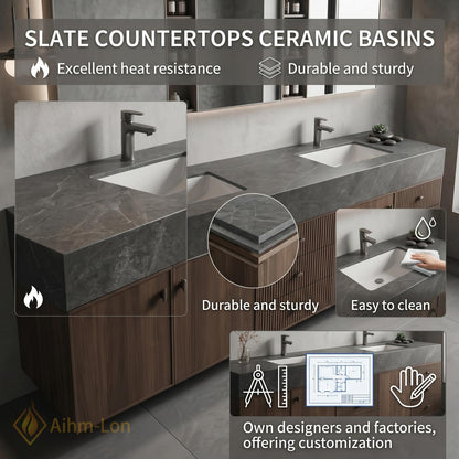 60''-96'' Double Bathroom Vanity with Sink Modern Floating Dark Stone Top Ribbed