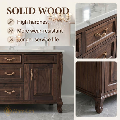 60''-96'' Classic Bathroom Vanity with Sink Dark Wood Carved Marble Brass Drawers
