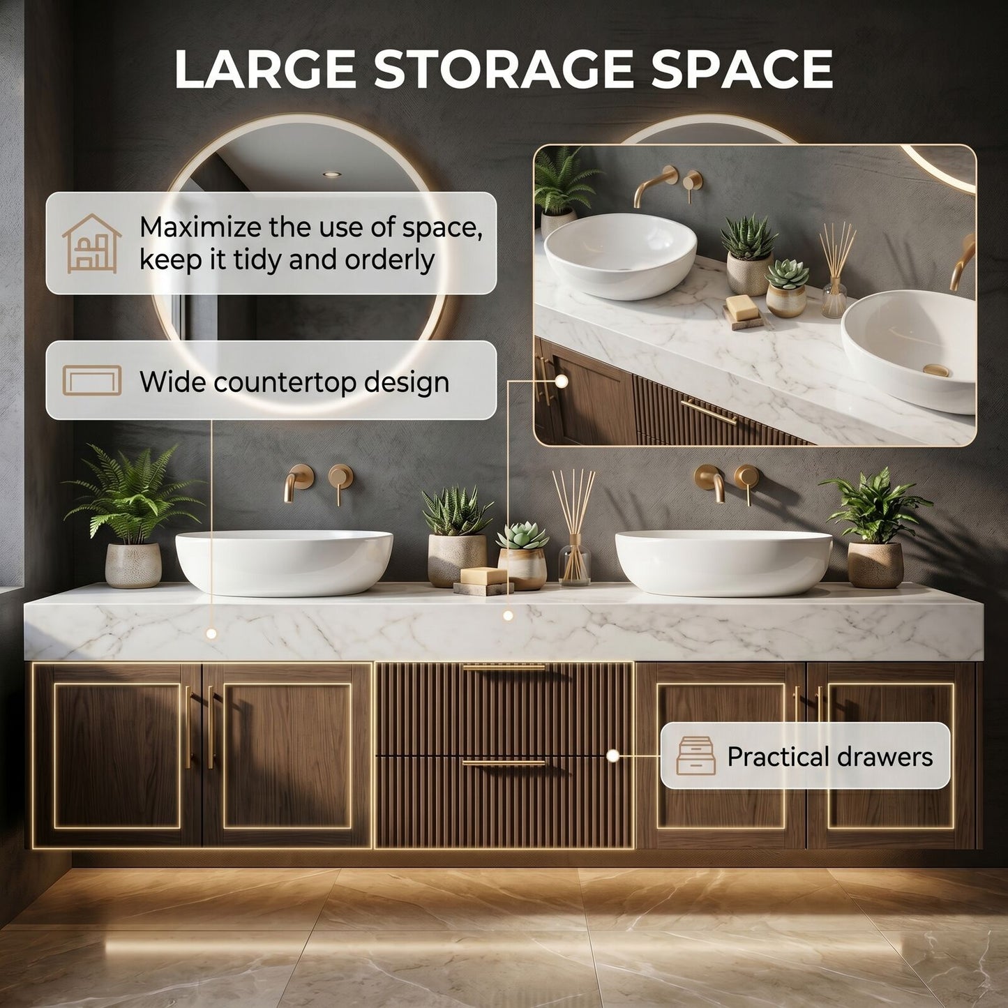 60''-96'' Modern Bathroom Vanity with Sink Double Sink Slatted Wood Marble Grain Round Mirrors
