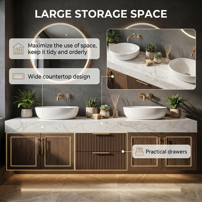 60''-96'' Modern Bathroom Vanity with Sink Double Sink Slatted Wood Marble Grain Round Mirrors