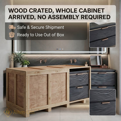 60''-96'' Double Bathroom Vanity with Sink Wave-Patterned Doors Deep Basin Six Drawers Cabinet