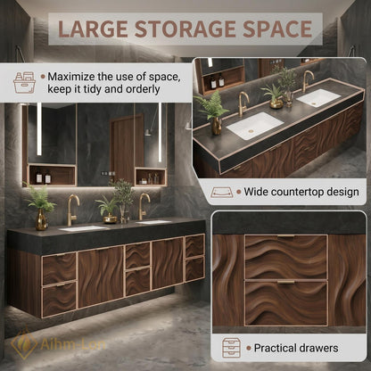 70''-96'' Bathroom Vanity with Sink Modern Floating Wavy Wood Grain Doors Dark