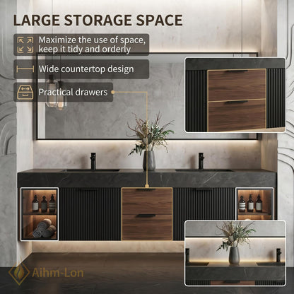 60''-96'' Double Bathroom Vanity with Sink Dark Black Modern Floating Stone-Top
