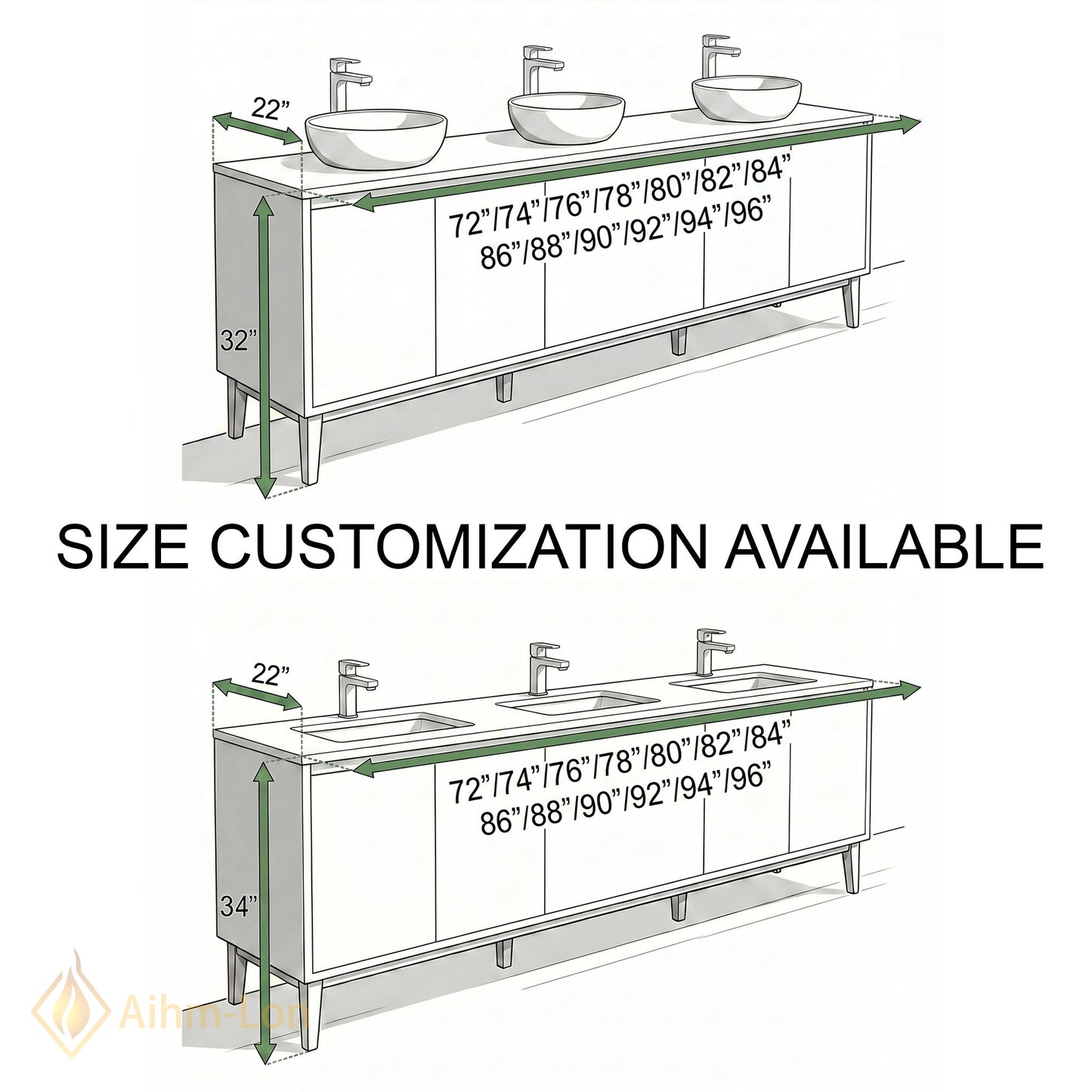 78''-96'' Triple Bathroom Vanity with Sink Sage-Green Floating Fluted Recessed Basin Panels