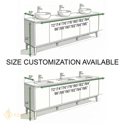 78''-96'' Triple Bathroom Vanity with Sink Sage-Green Floating Fluted Recessed Basin Panels