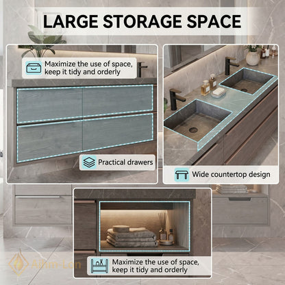 70''-96'' Modern Bathroom Vanity with Sink Floating Dark Wood Grey Stone LED Mirror