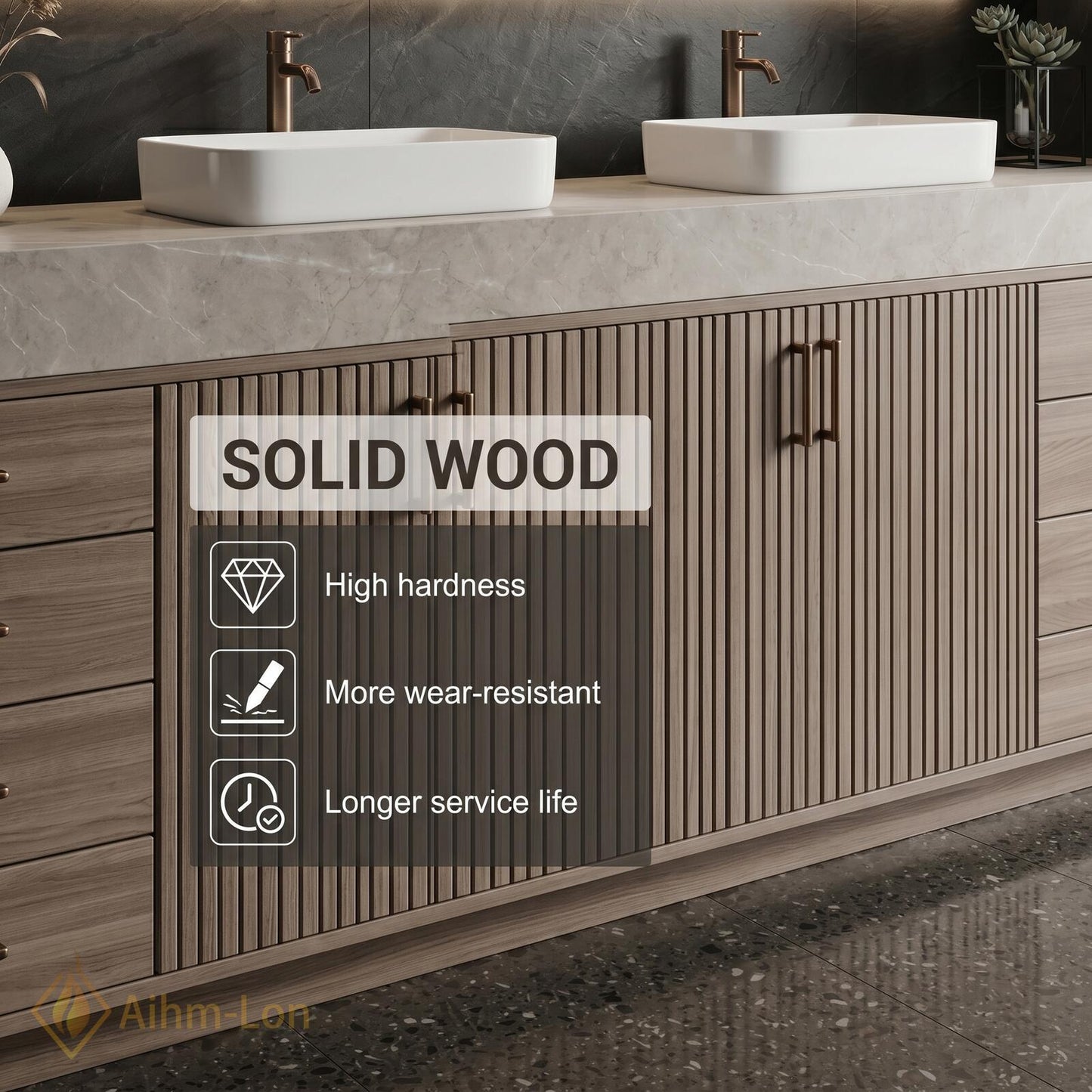 72''-96'' Double Bathroom Vanity with Sink Light-Wood Modern Slatted Doors Storage