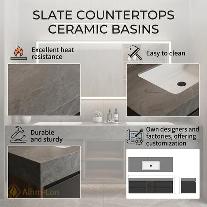 60''-96'' Double Bathroom Vanity with Sink Floating Dark Matte Finish Open Shelf