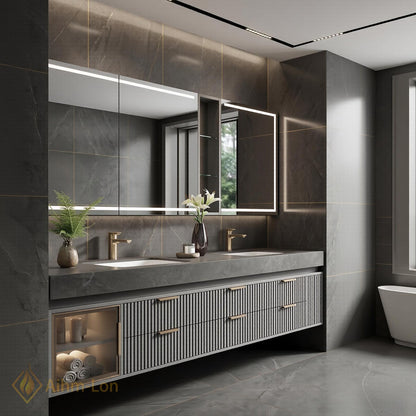 60''-96'' Double Bathroom Vanity with Sink Wall-Mounted Gray Stone Texture Ribbed Panel