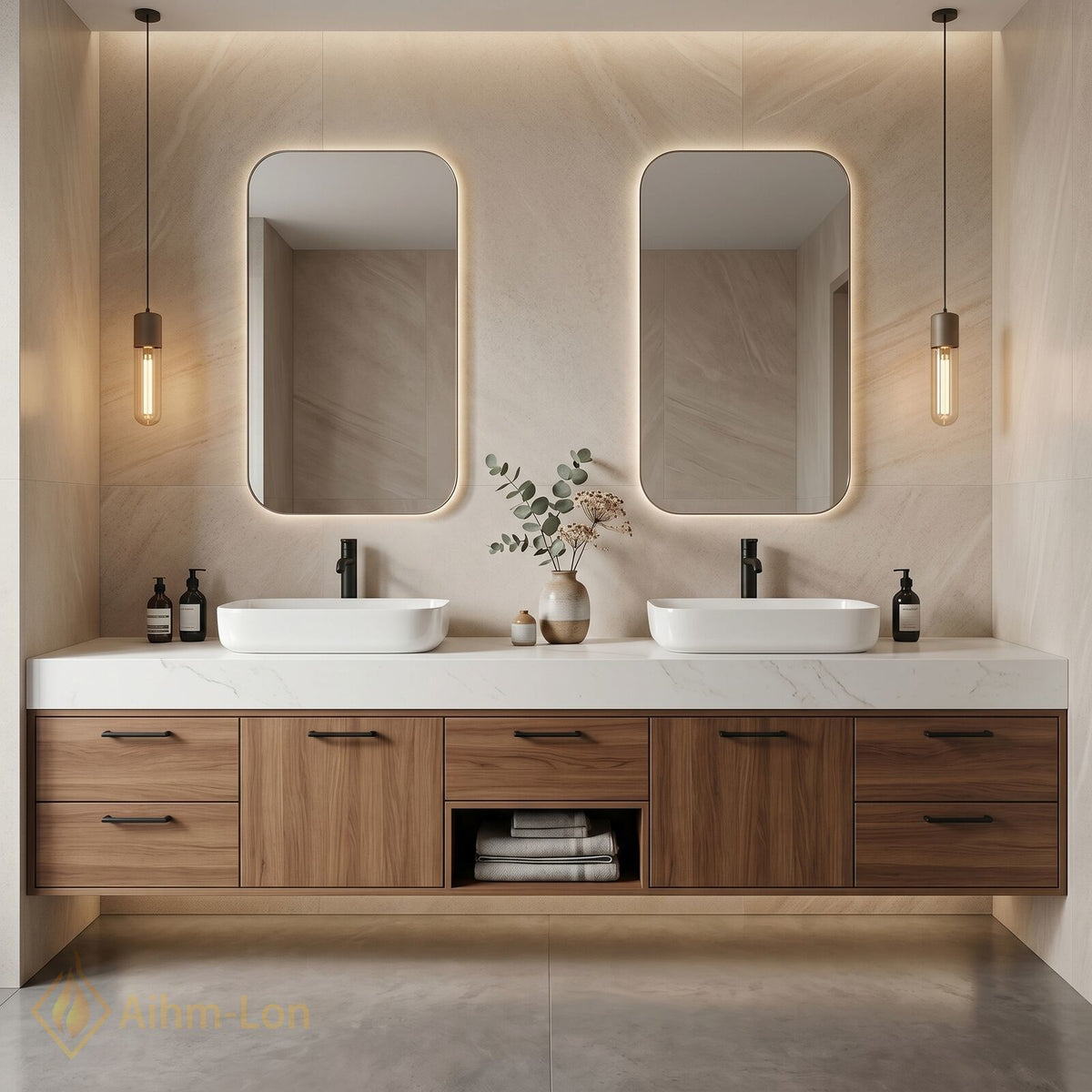 78''-96'' Double Bathroom Vanity with Sink Walnut Wood Finish Central Open Shelf