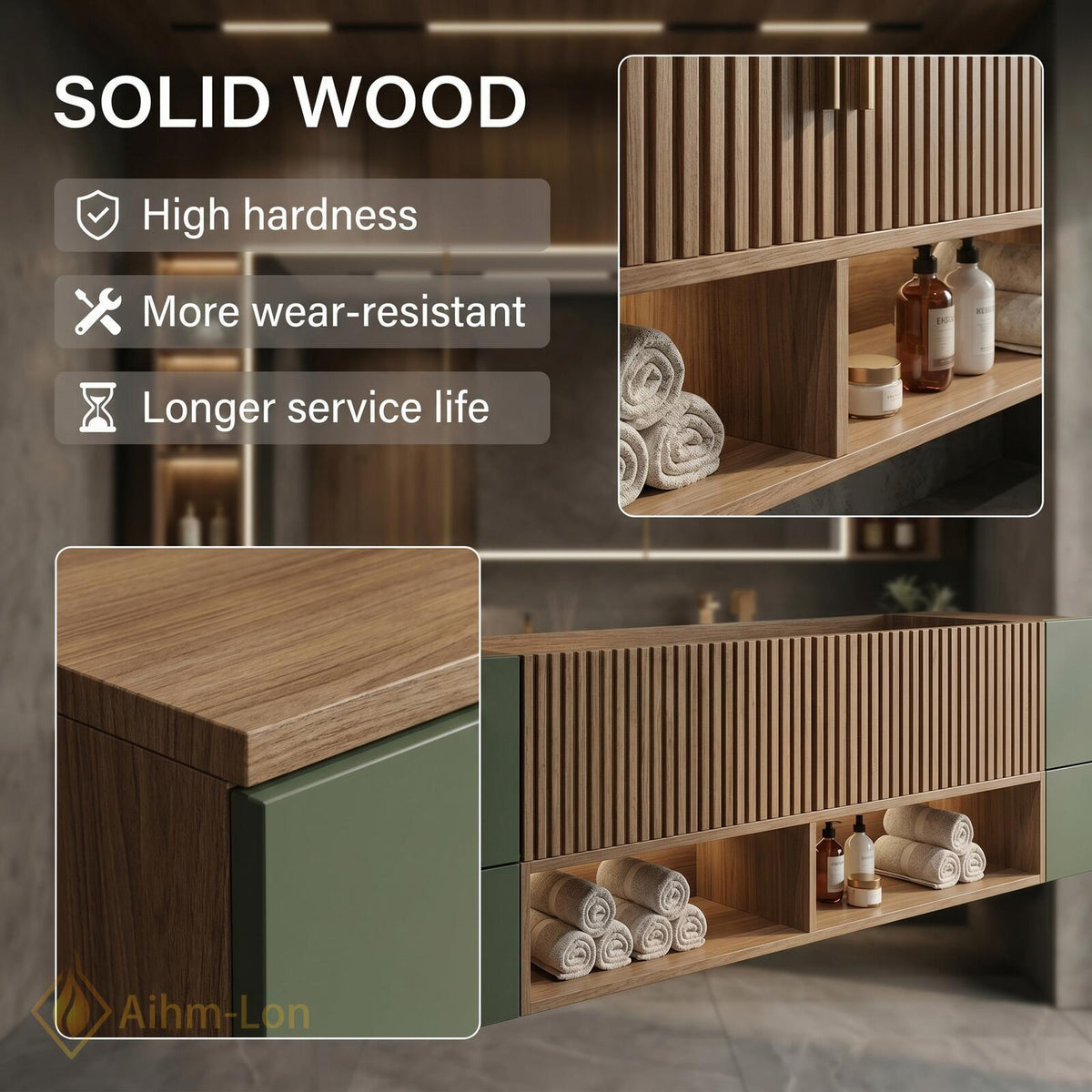 60''-96'' Double Bathroom Vanity with Sink Modern Floating Dark Green Finish Slatted