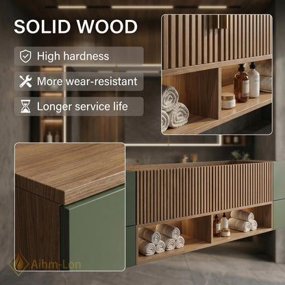 60''-96'' Double Bathroom Vanity with Sink Modern Floating Dark Green Finish Slatted