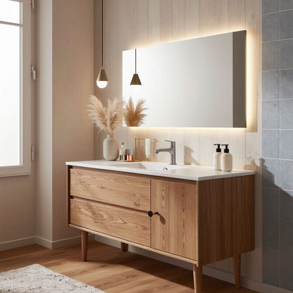 36''-64'' Modern Bathroom Vanity with Sink White Oak Tapered Leg Rectangular Mirror