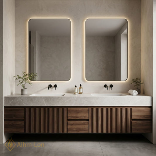 76''-96'' Double Bathroom Vanity with Sink Dark Walnut Finish Slatted Front Design