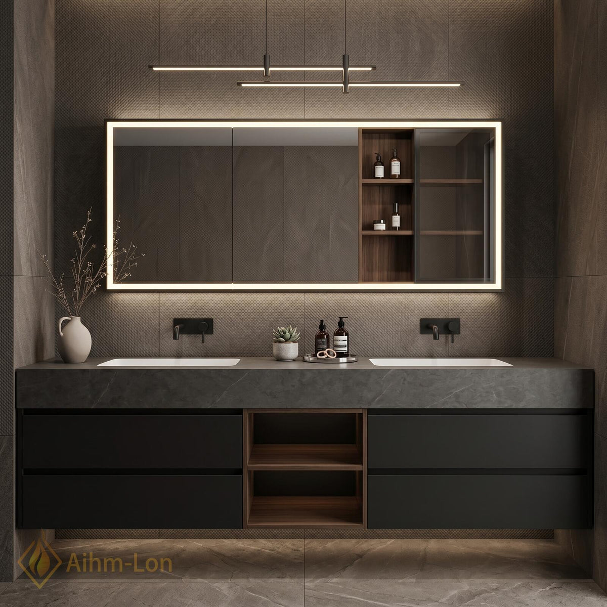 60''-96'' Double Bathroom Vanity with Sink Floating Dark Matte Finish Open Shelf