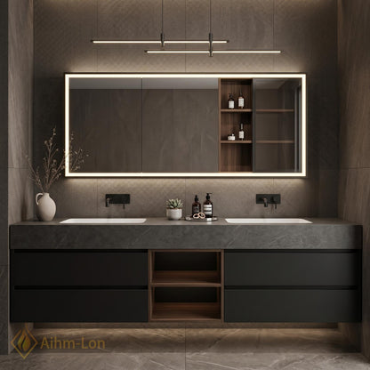 60''-96'' Double Bathroom Vanity with Sink Floating Dark Matte Finish Open Shelf