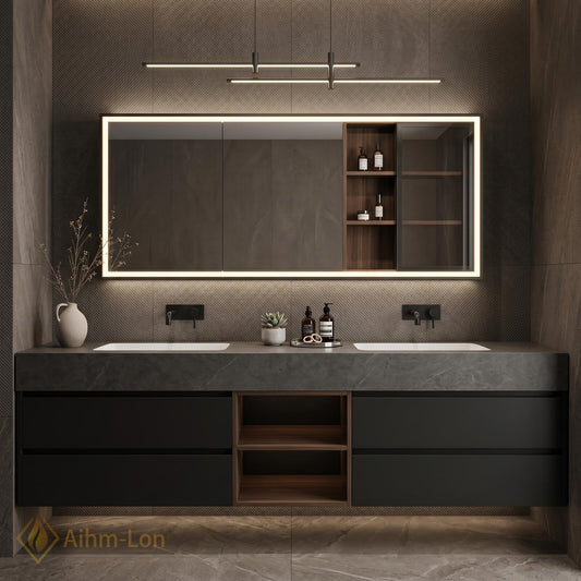 60''-96'' Double Bathroom Vanity with Sink Floating Dark Matte Finish Open Shelf