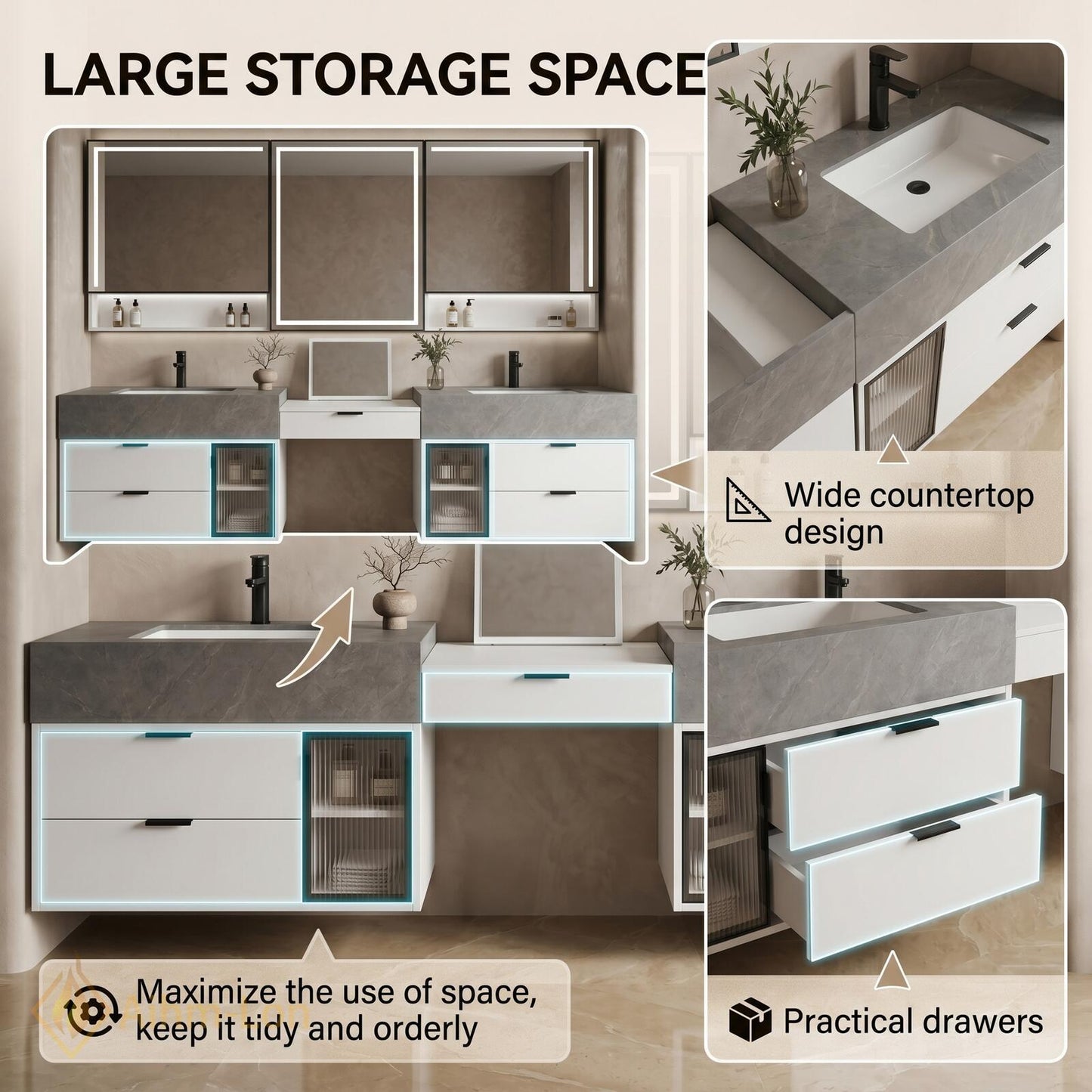 72''-96'' Double Bathroom Vanity with Sink Grey Modern Floating Marble Glass Door