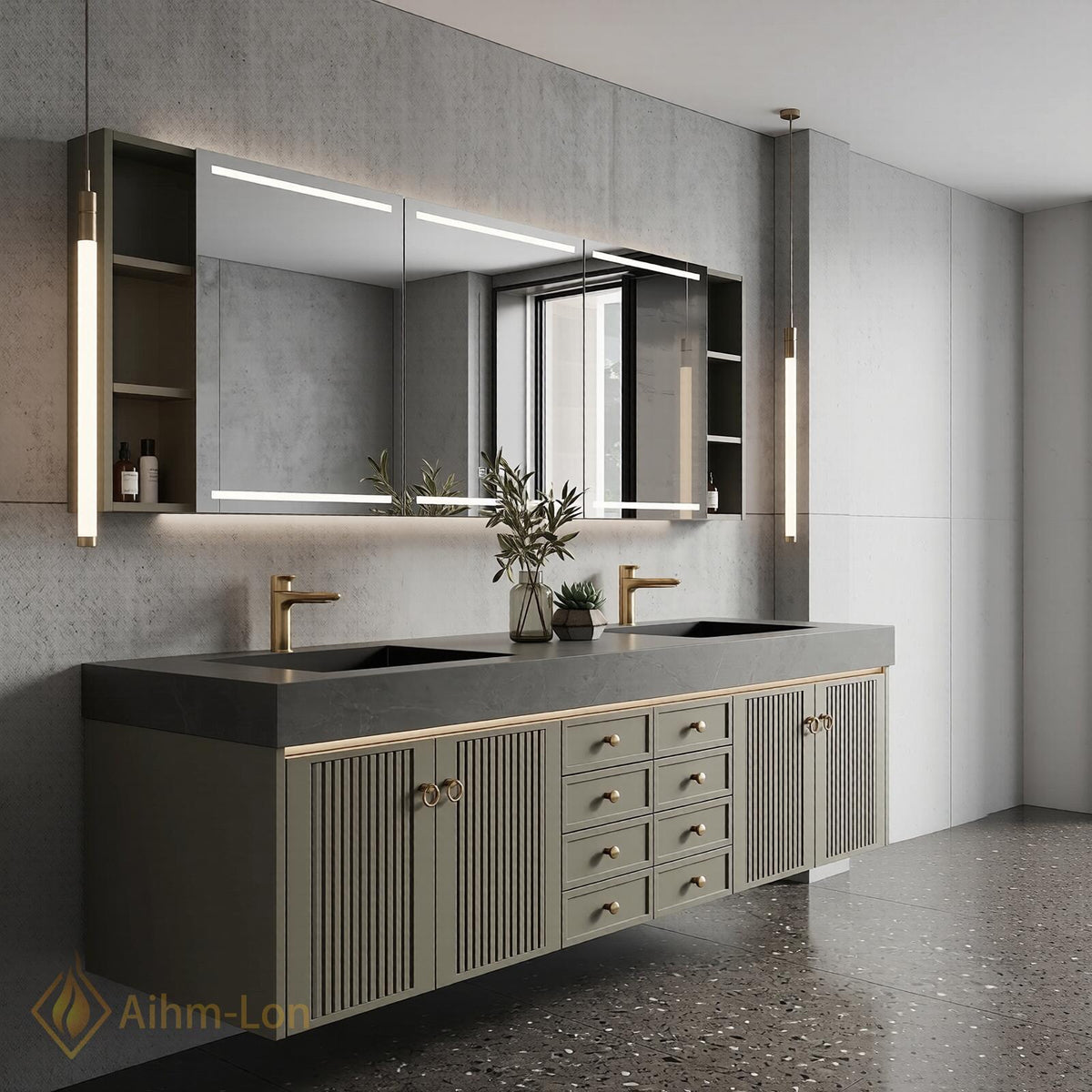 60''-96'' Double Bathroom Vanity with Sink Fluted Panel Doors Olive Green Finish