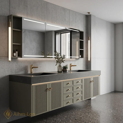 60''-96'' Double Bathroom Vanity with Sink Fluted Panel Doors Olive Green Finish