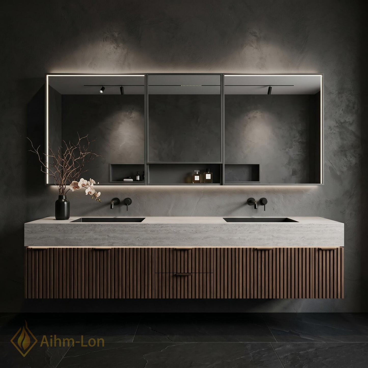 78''-96'' Modern Double Bathroom Vanity with Sink Floating Walnut Front Slatted Panel