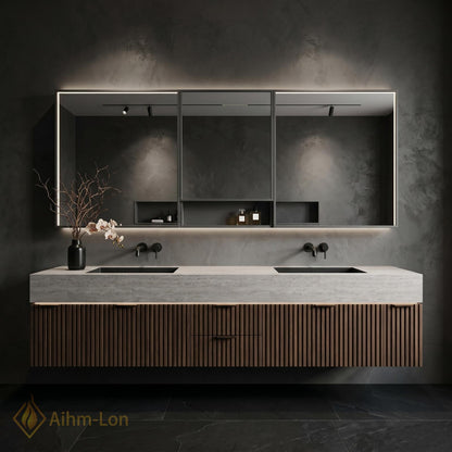 78''-96'' Modern Double Bathroom Vanity with Sink Floating Walnut Front Slatted Panel
