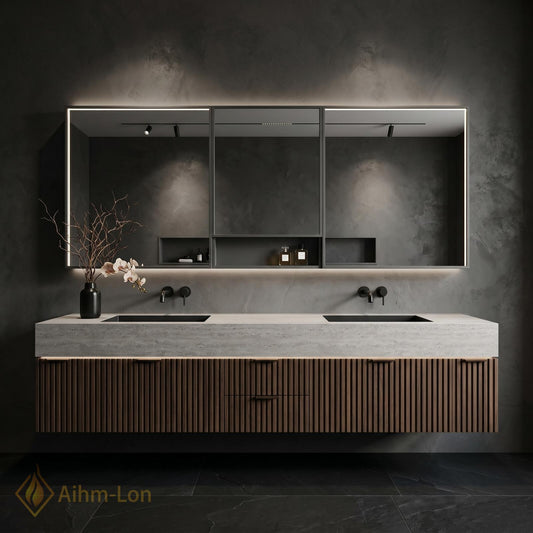 78''-96'' Modern Double Bathroom Vanity with Sink Floating Walnut Front Slatted Panel
