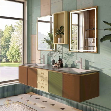 60''-96'' Double Bathroom Vanity with Sink Multicolor Doors Wall Mounted Stone Cabinet