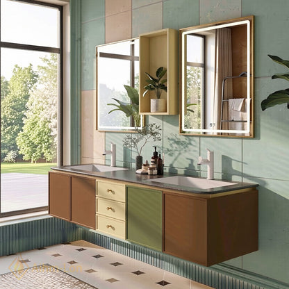 60''-96'' Double Bathroom Vanity with Sink Multicolor Doors Wall Mounted Stone Cabinet