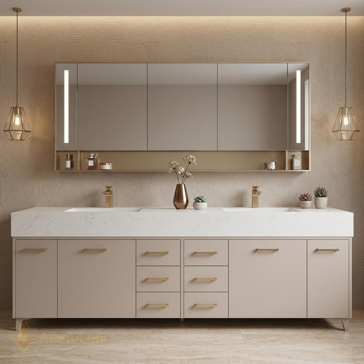 60''-96'' Double Bathroom Vanity with Sink Modern Matte Beige Finish Solid Leg
