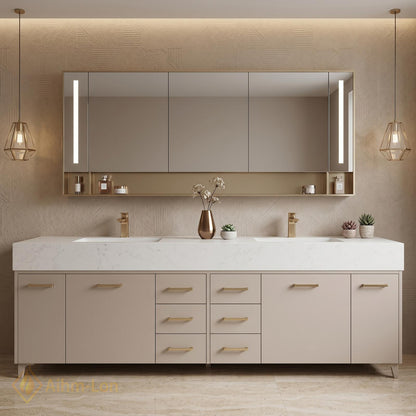 60''-96'' Double Bathroom Vanity with Sink Modern Matte Beige Finish Solid Leg