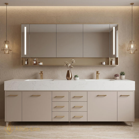 60''-96'' Double Bathroom Vanity with Sink Modern Matte Beige Finish Solid Leg