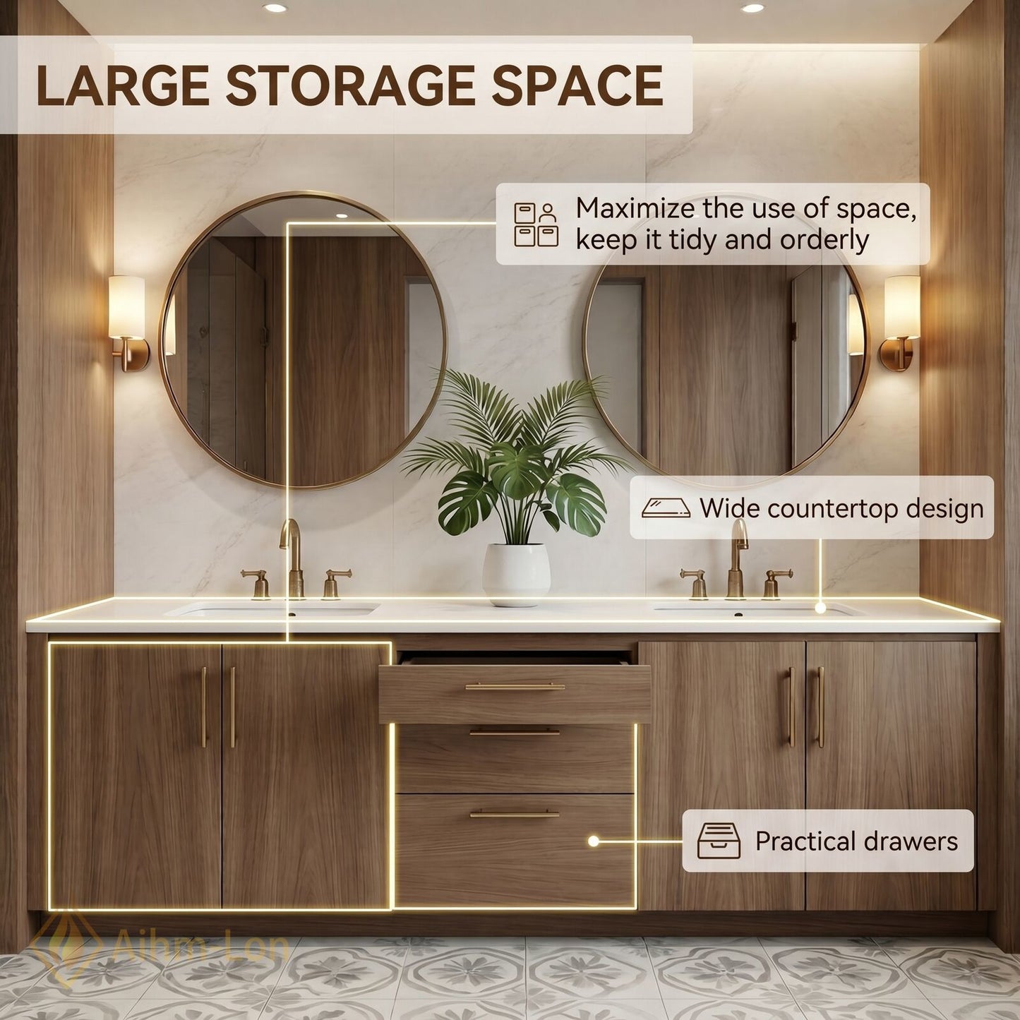 60''-96'' Double Bathroom Vanity with Sink Wide Countertop Wood Grained Finish Drawer