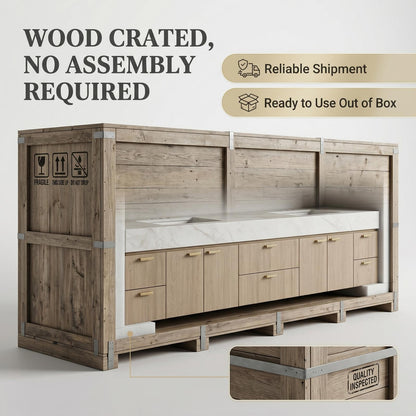 70''-96'' Modern Bathroom Vanity with Sink Floating Double White Marble Oak Wood
