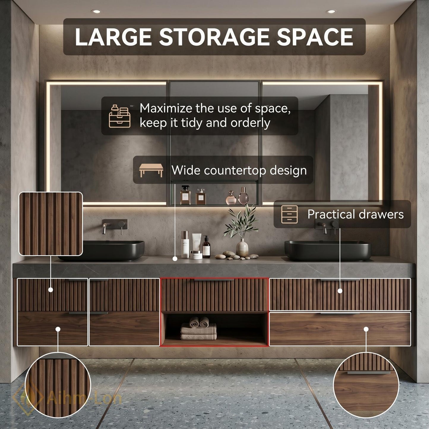 70''-96'' Modern Bathroom Vanity with Sink Floating Dark Walnut Slatted Stone Shelving