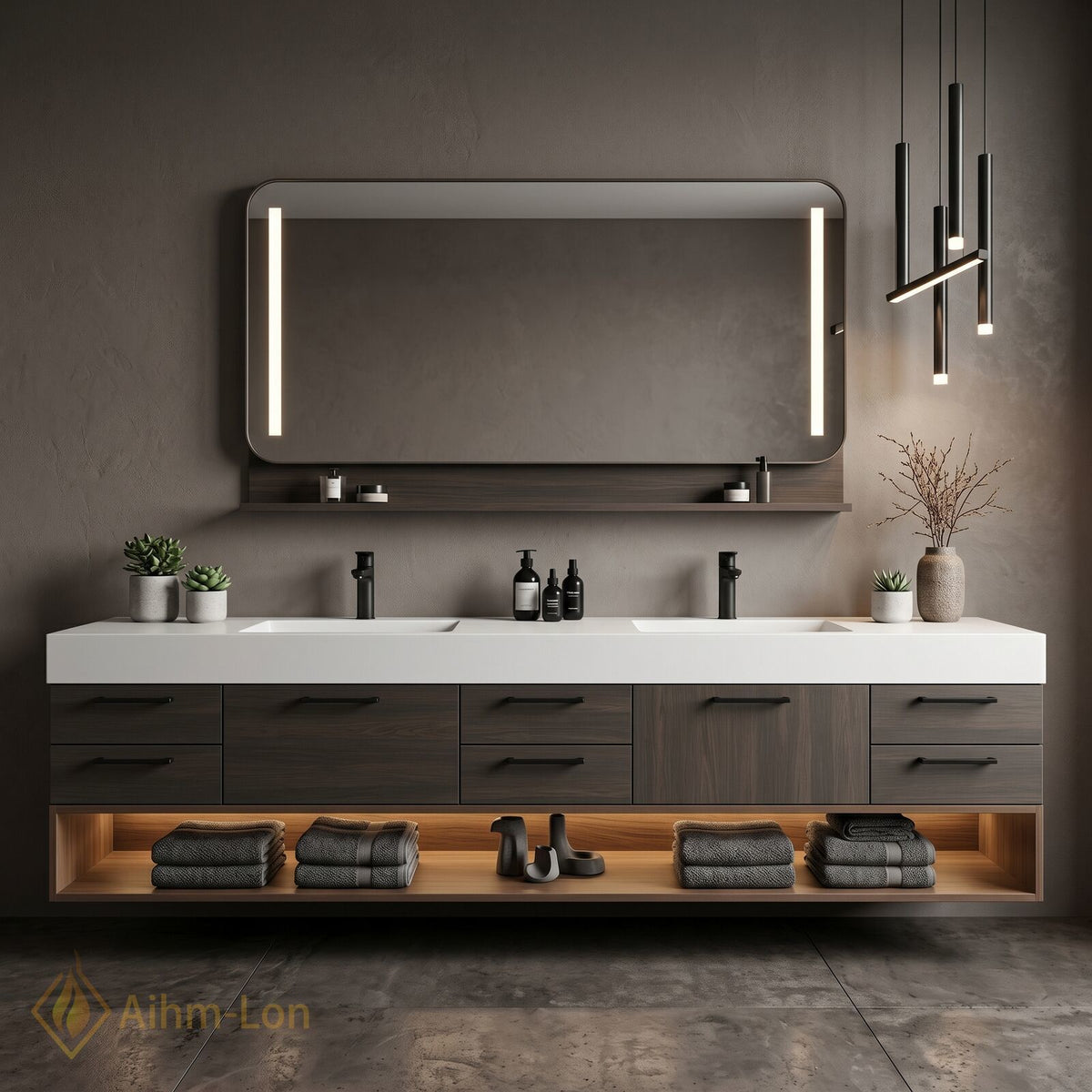 72''-96'' Double Bathroom Vanity with Sink Floating Design Dark Wood Finish Integrated