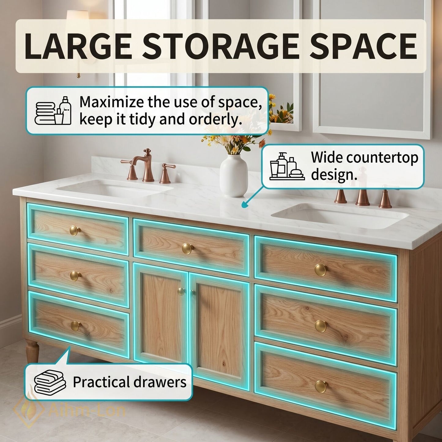 72''-96'' Classic Bathroom Vanity with Sink Oak Nine Drawers Tapered Leg Cabinet
