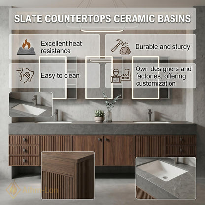 60''-96'' Double Bathroom Vanity with Sink Ribbed Dark Walnut Front Stone Top