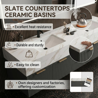 60''-96'' Modern Bathroom Vanity with Sink Double Sink Dark Walnut Slatted Center Panel Cabinet