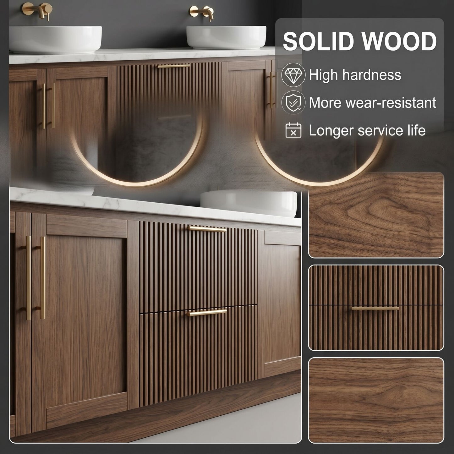 60''-96'' Modern Bathroom Vanity with Sink Double Sink Slatted Wood Marble Grain Round Mirrors